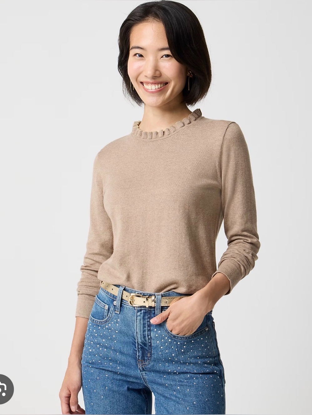J.Crew Ruflleneck Ruffle neck Cotton Sweater in Heather Mushroom (camel) sz L